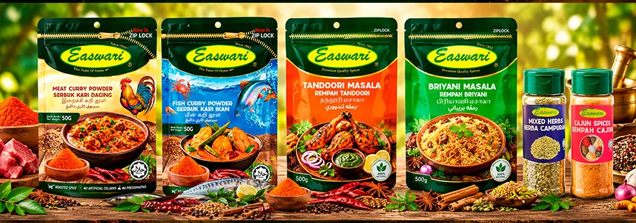 Easwari spice blends — meat curry powder, fish curry powder, tandoori masala and briyani masala