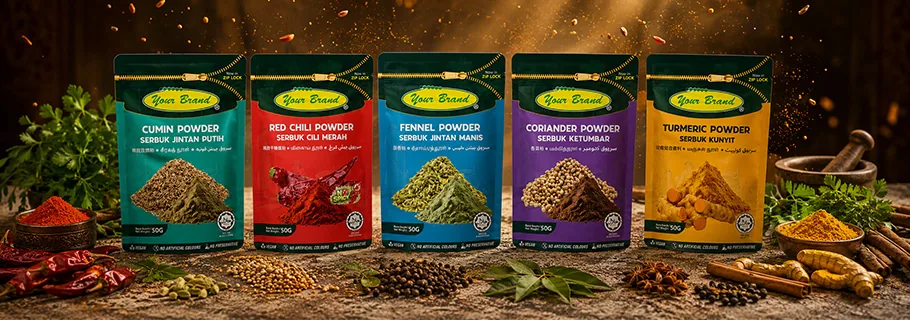 Ground spice powders in private-label pouches — cumin, red chilli, fennel, coriander and turmeric powder