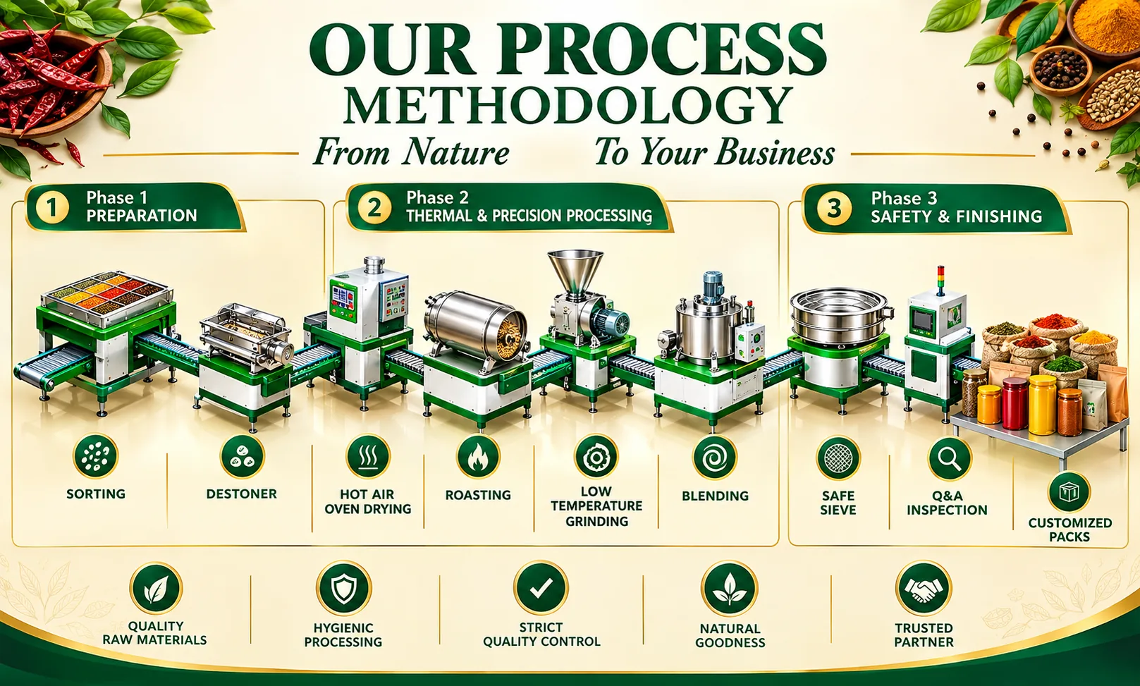 Easwari Mills spice manufacturing process: Phase 1 preparation (sorting, destoning), Phase 2 thermal and precision processing (hot air oven drying, roasting, low temperature grinding, blending), Phase 3 safety and finishing (safety sieving, QA inspection, customised packing)
